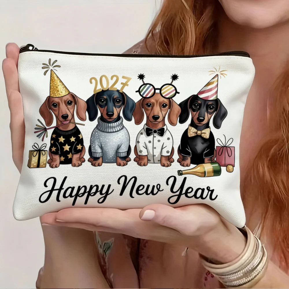 2027 Happy New Year Dachshund Cosmetic Bag Party Hat Gift Champagne Puppy Print Zipper Pouch Women Travel Makeup Storage Purse