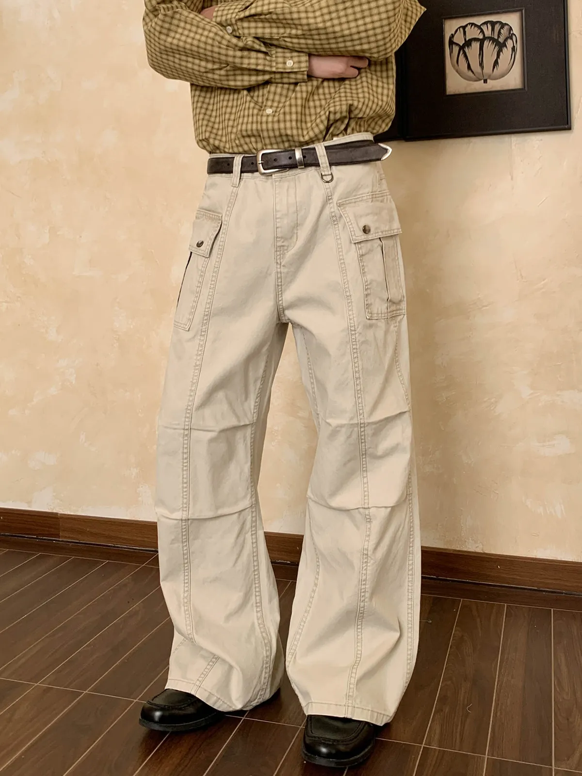 

Retro American Folded Design Workwear Casual Pants Loose Straight Micro Flared Men's Trendy Cotton Multi-Purpose Trousers