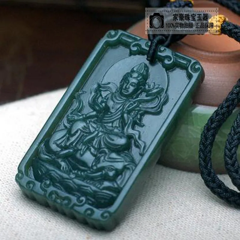 Hetian Gray Jade Zodiac Dragon Snake Puxian Bodhisattva Patron Saint Pendant