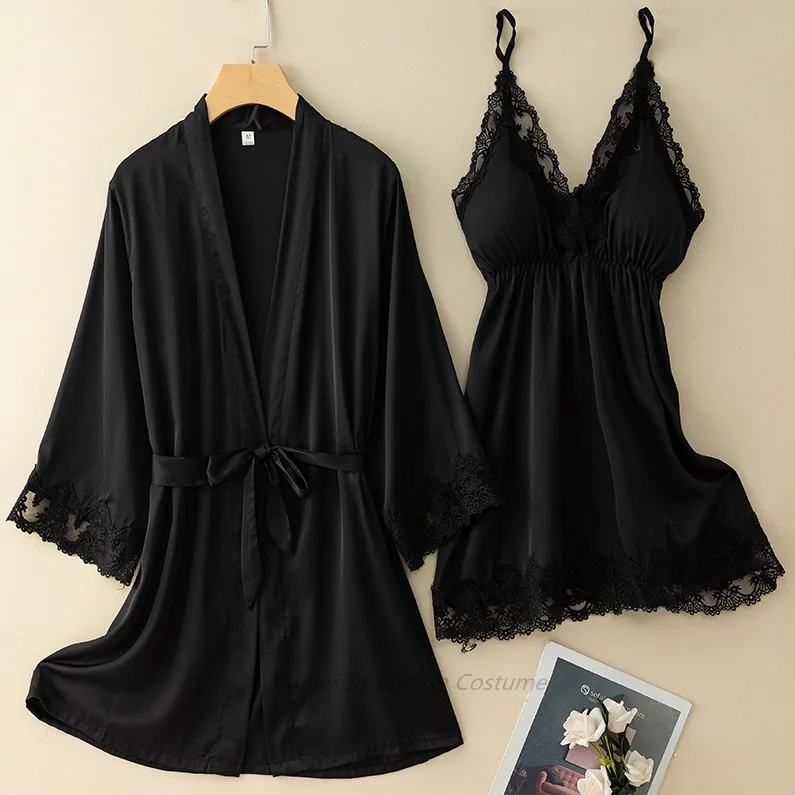 V-Neck Nighty&robe Set Sexy Lace Edge Kimono Bathrobe Nightgown Women Casual Homewear Sexy Lingerie Sling Sleepwear Loungewear