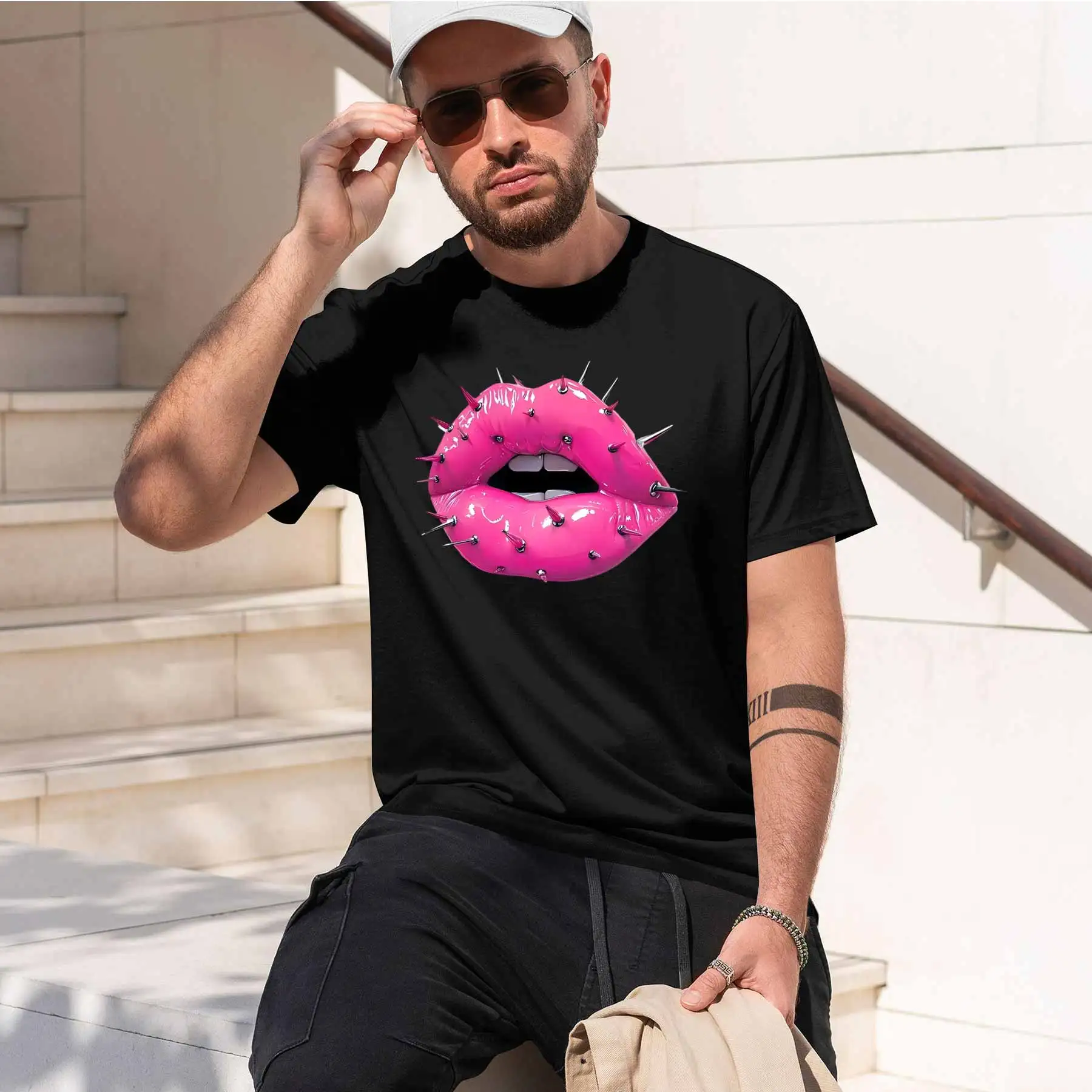 new printed T-shirt printed with  Men's Cool Punk Style T-Shirt with Bright Pink Spiked Lips Print Street Casual Loose Tee