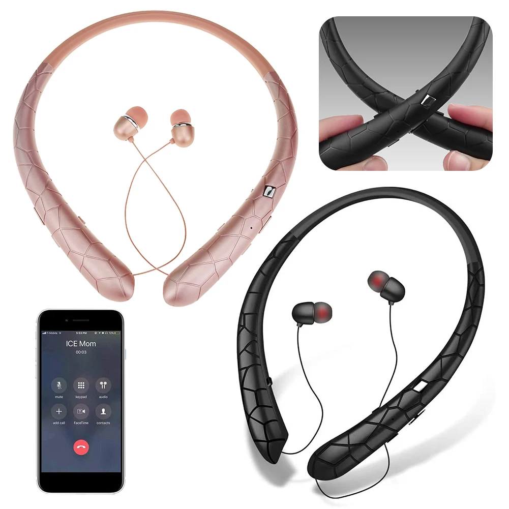 Neckband Headset Noise Canceling Running Headset Bluetooth-Compatible5.0 Retractable Earbuds with Mic for iPhone Samsung LG