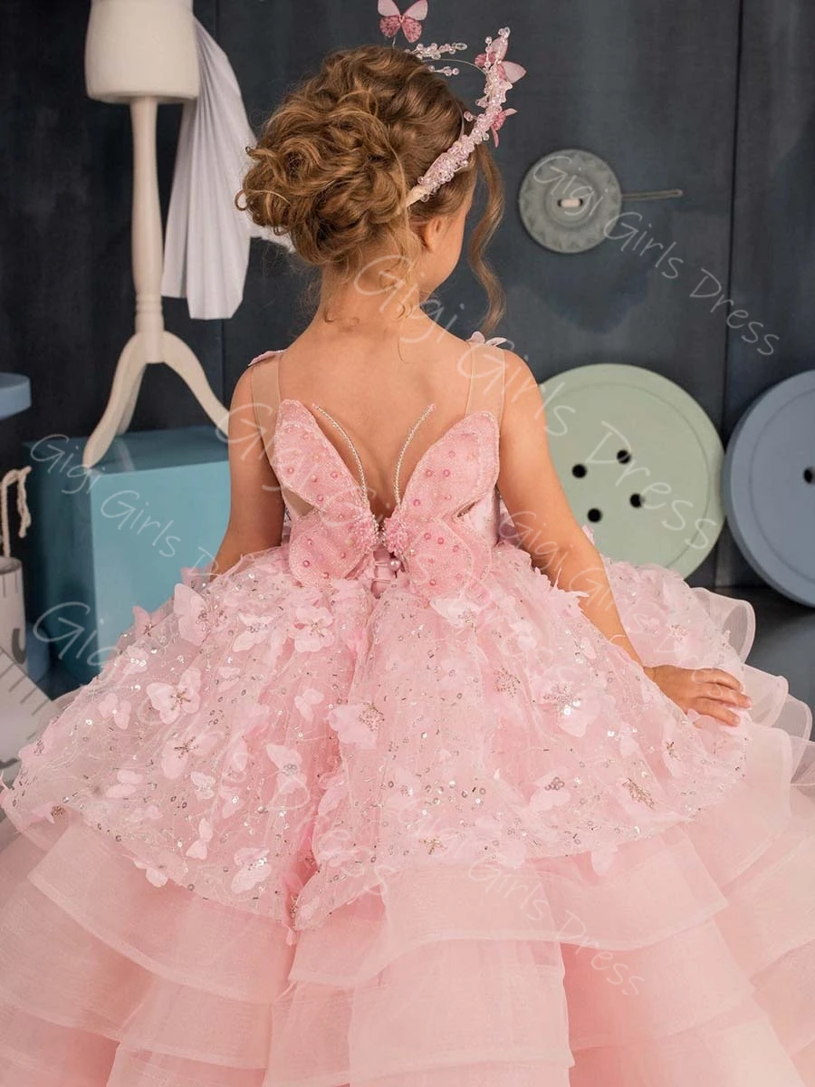 Roze bloemenmeisje jurk voor peuters 3D vlindervleugel gegolfde tule prinses optocht jurk aangepaste bruiloft baljurk