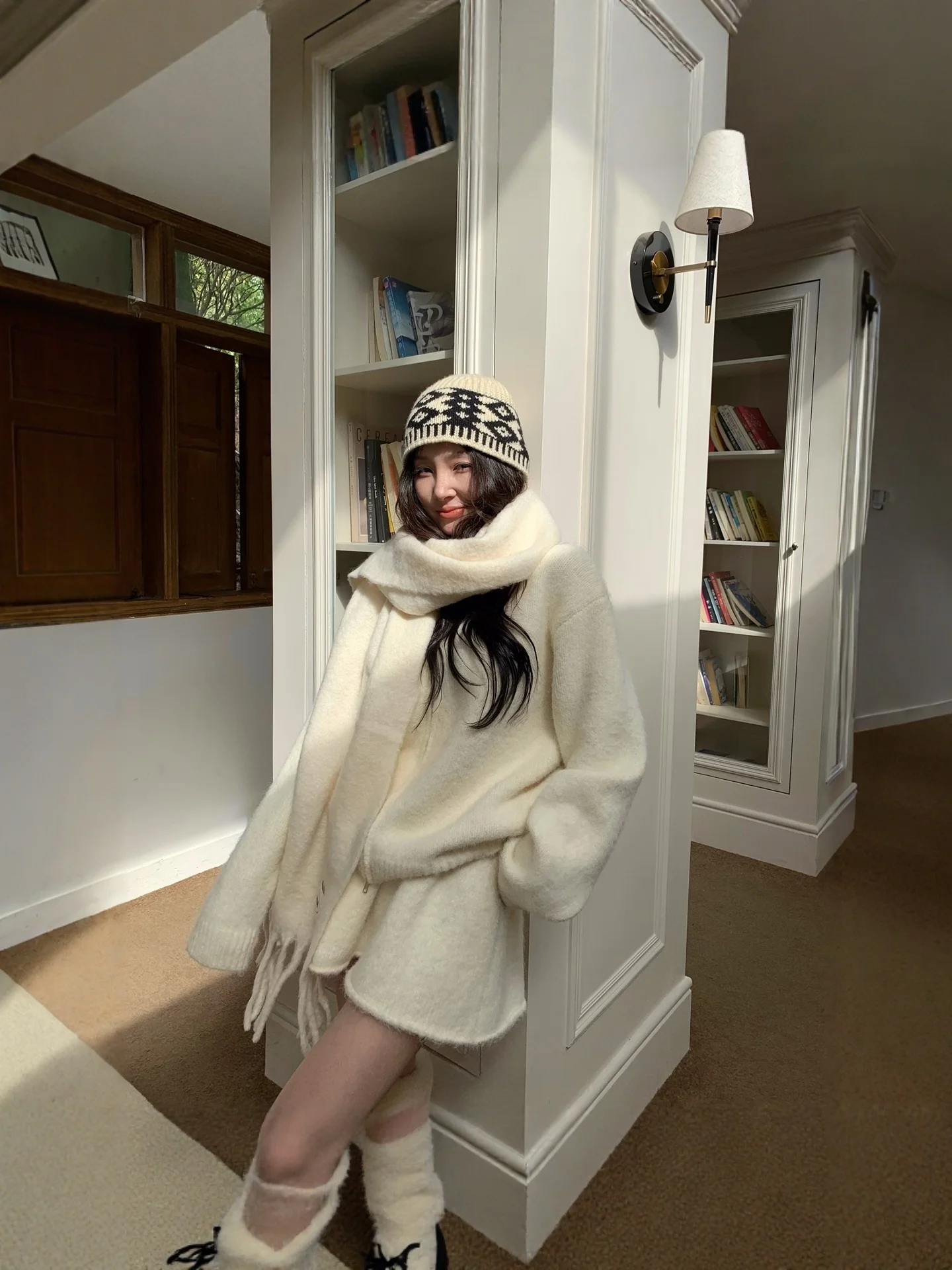 Korean Laid-back Knitted Set Women's Soft Plump White Sweater Jacket High Waist  Skirt Two-piece Autumn Outfit Combination