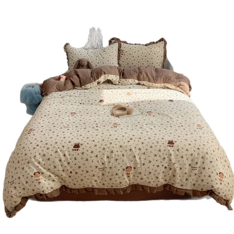 Small Fresh Puff Yarn, Four-Piece Set of Seersucker Yarn, New Lace Quilt Cover, Bed Sheet