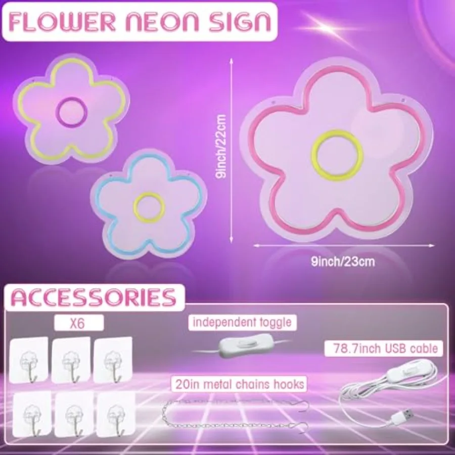 3 Pcs Flower Neon Sign Light up Flower Sign Retro Neon LED Lights USB Powered for Wall Decor Window Bedroom Home Girls Birthday