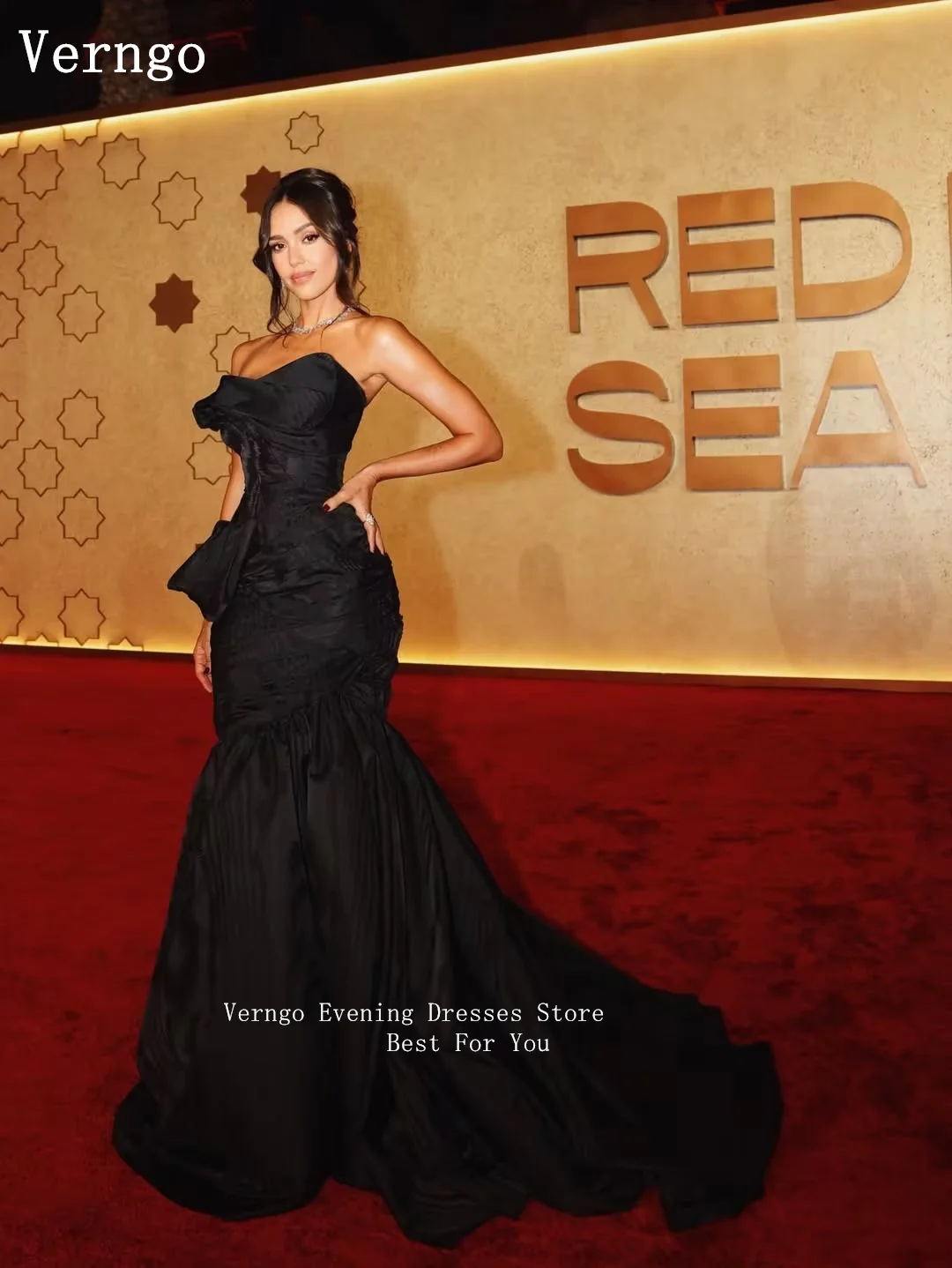 فستان سهرة من الساتان الأسود من Verngo بدون حمالات مطوي فستان رسمي حورية البحر سويب تراين رشيق كوتور فساتين حفلات مخصصة