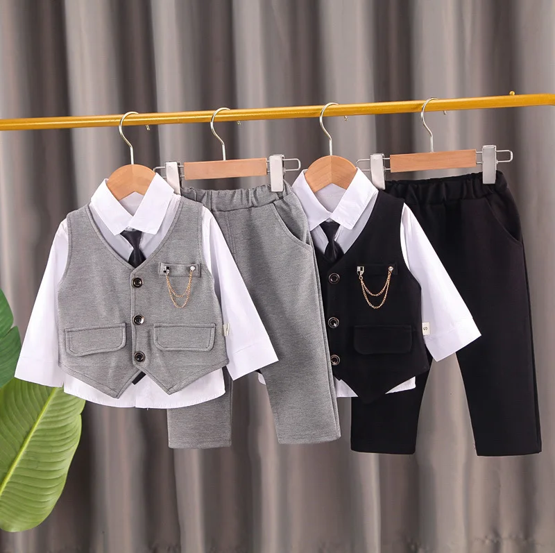 2024 new  boy\'s solid color children\'s gentleman suit wear baby chain vest  Tie Shirt three piece formal evening fashion dres