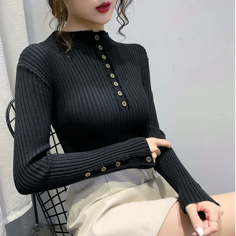 Women Buton Winter Pullovers 2024 Fashion Casual Long Sleeve Sweaters Korean Clothes Slim Sexy Elegant Basic White Black Sweater