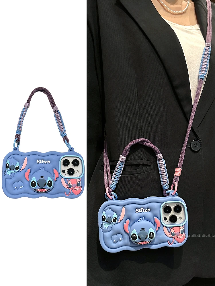 

Disney Cute Blue Stitch for iPhone16 15 14 13 12 11 phone case, crossbody strap rope, soft silicone phone case, birthday gift