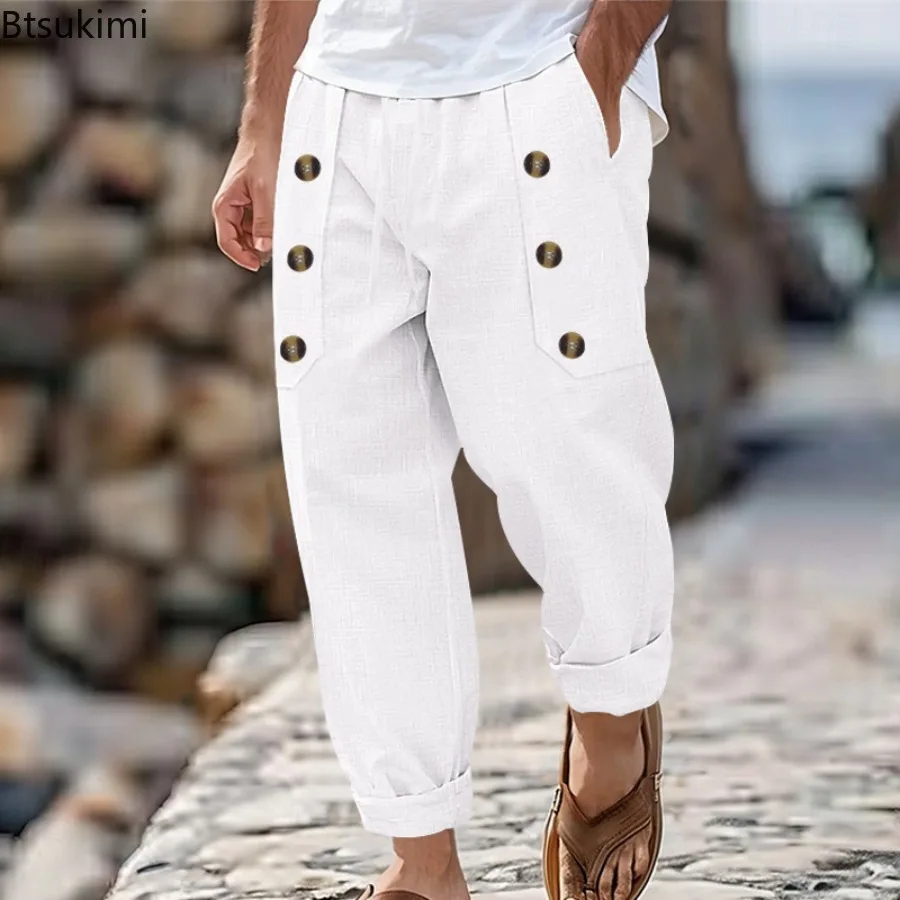 

2026 New Men's Fashion Casual Beach Trousers Spring and Autumn Leisure Multi-Button Comfortable Cotton and Linen Loose Trousers