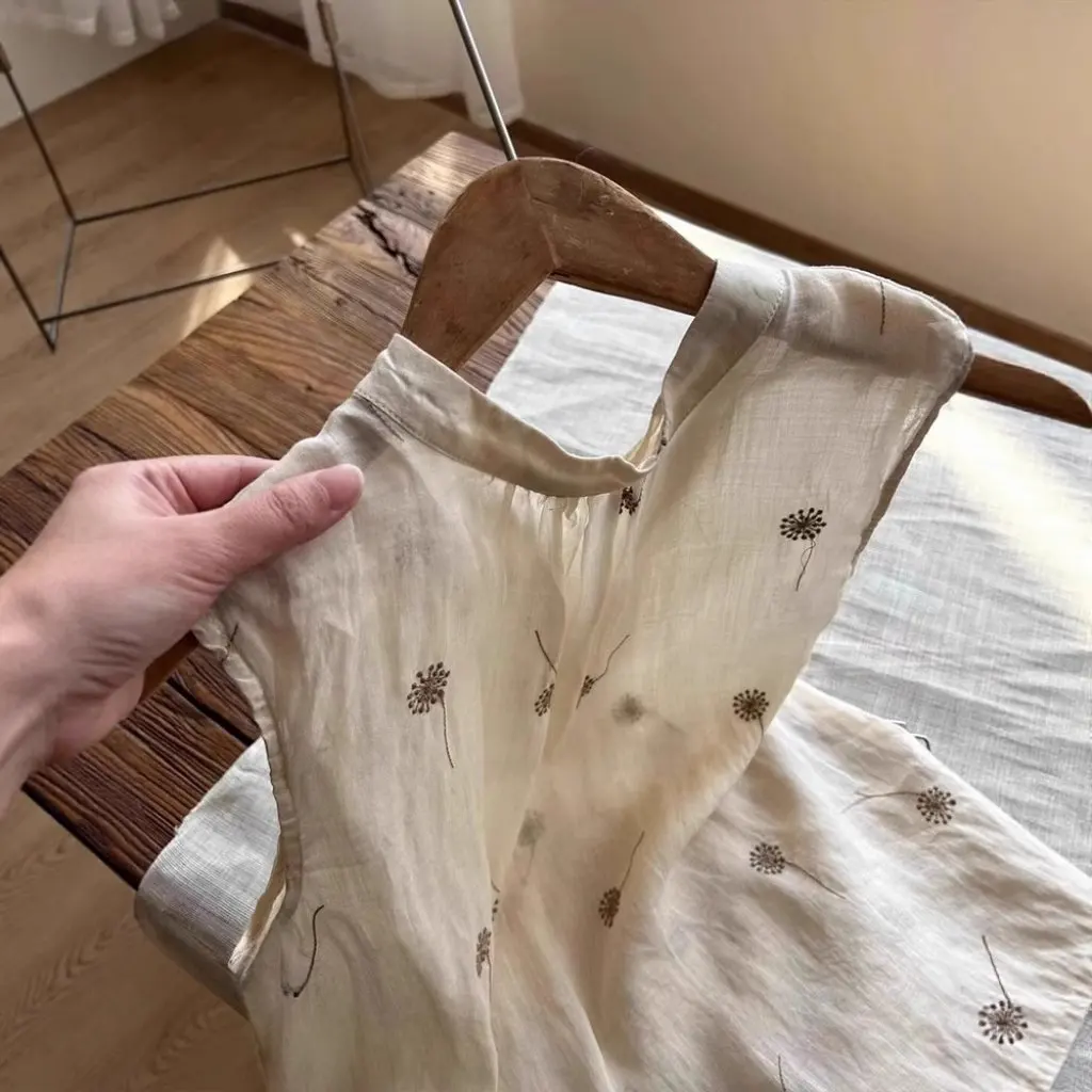 

Linen Suit Summer Dress Cool Sleeveless Embroidered Shirt Wide Leg Pants Super Popular Complete Set 24-Hour Delivery