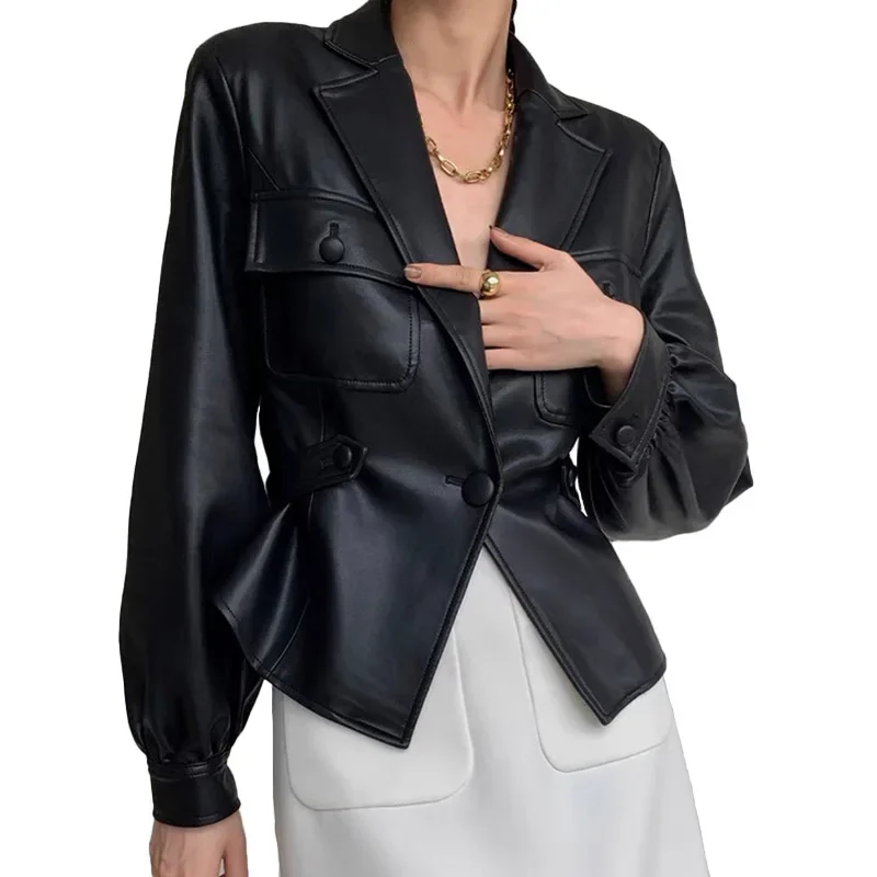 New Design Sheepskin Leather Jacket Fashion Women's Coat Slim Crop Leather Jacket