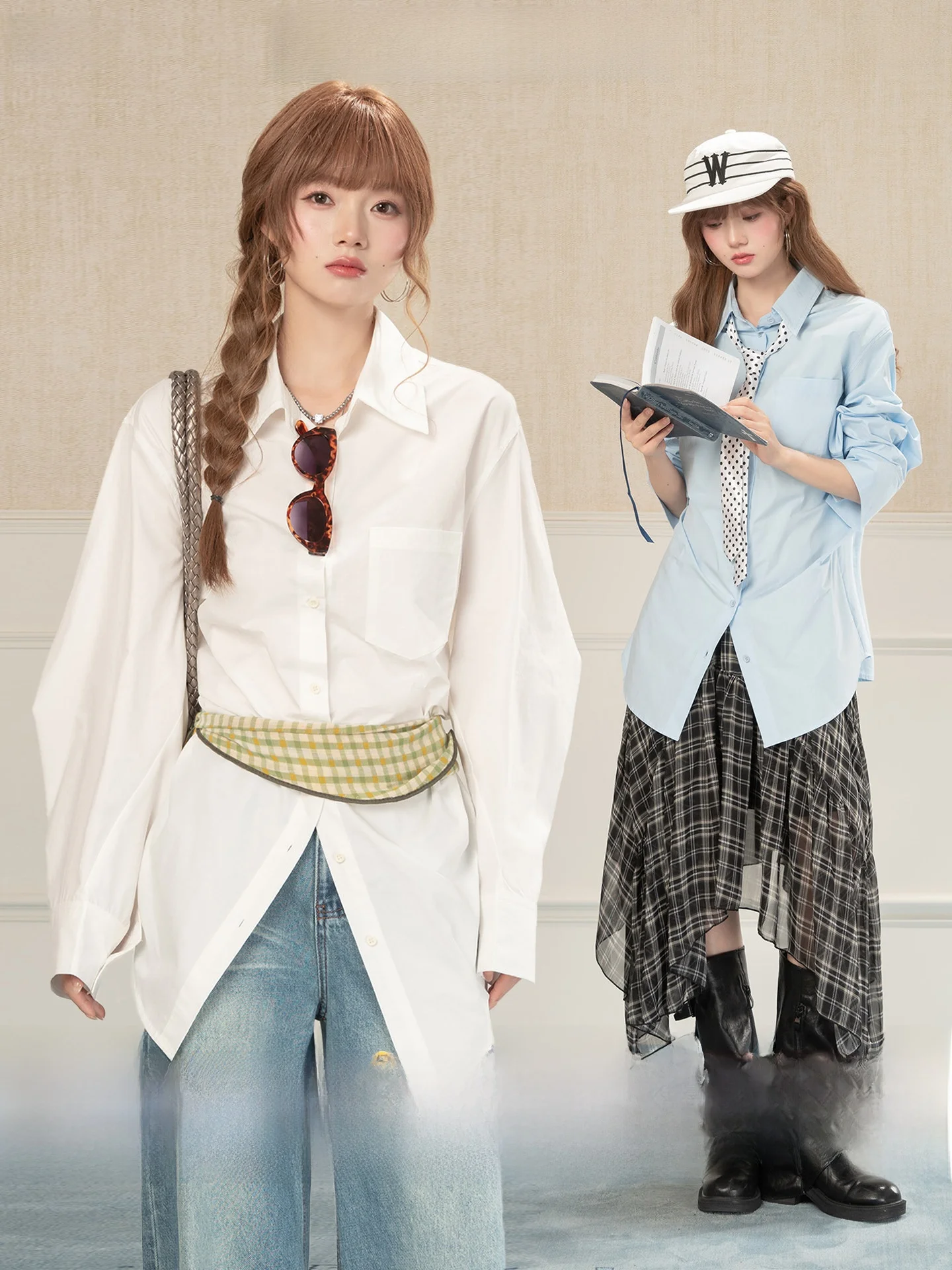 

Heynew American Retro White Button down Loose Long Sleeve Women's Shirt Summer High Sensation Casual Cotton Shirt Top