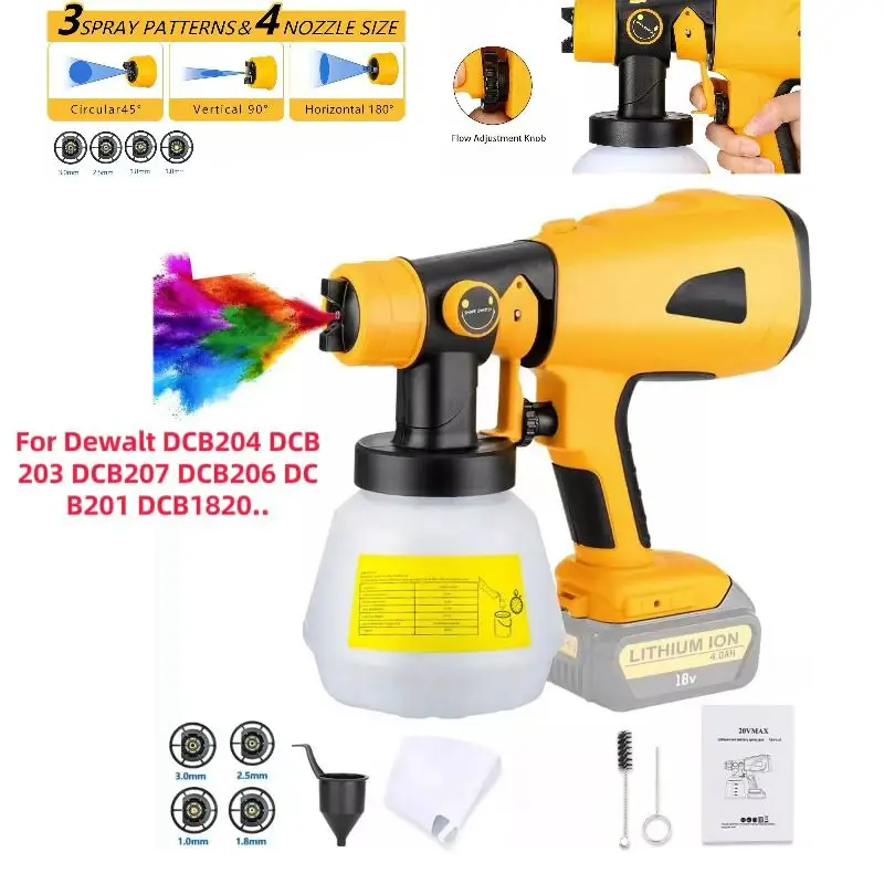 

1.0 /1.8/2.5/3.0/MM 4 nozzles Electric Cordless Paint Airless Spray Gun For Dewalt 18v / 20V Battery Brushless Motor(No Battery)