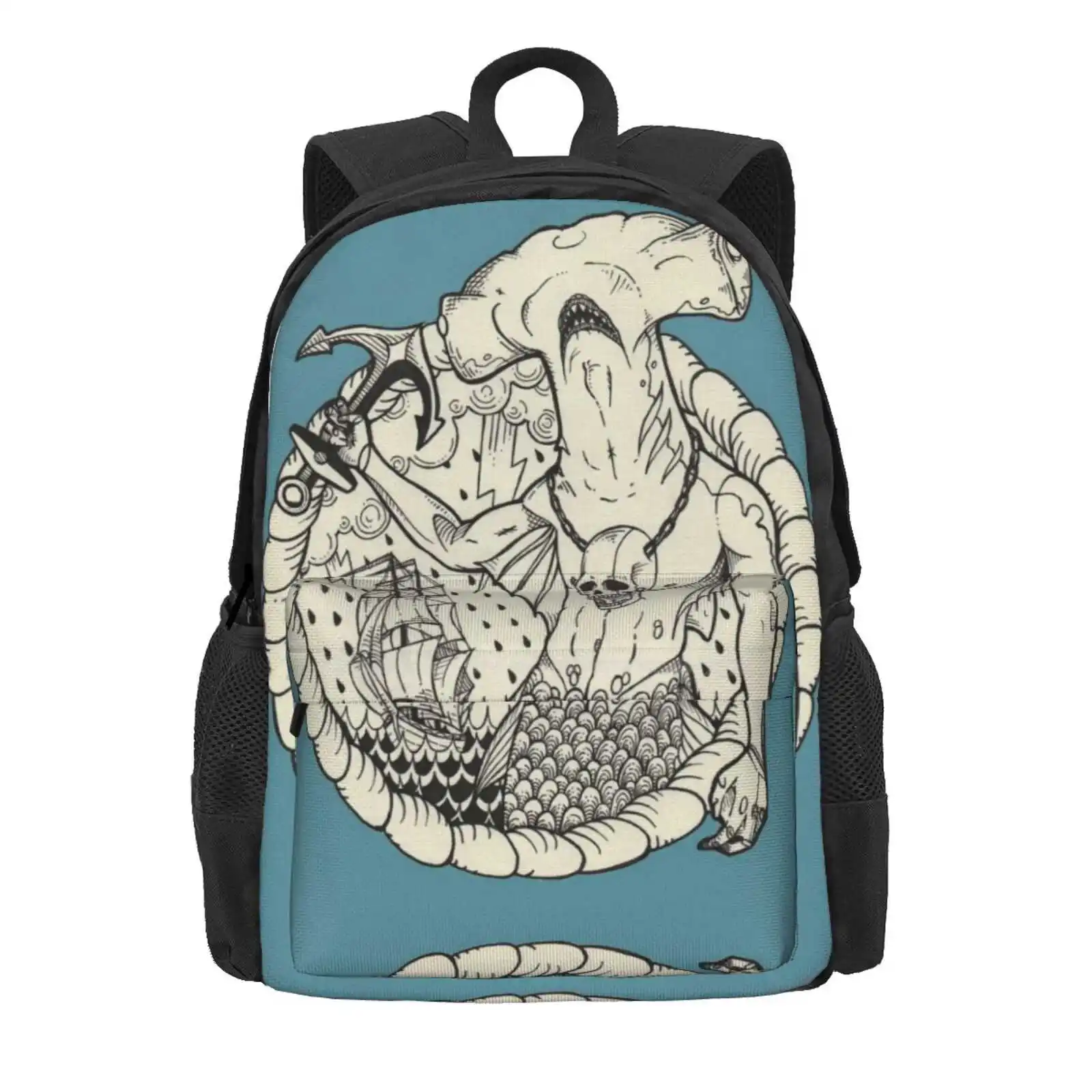 Sirène_04. Hot Sale Schoolbag Backpack Fashion Bags Shark Mermaid Triton Ship Pirate Anchor Joreeman Tattoo Skull Wave