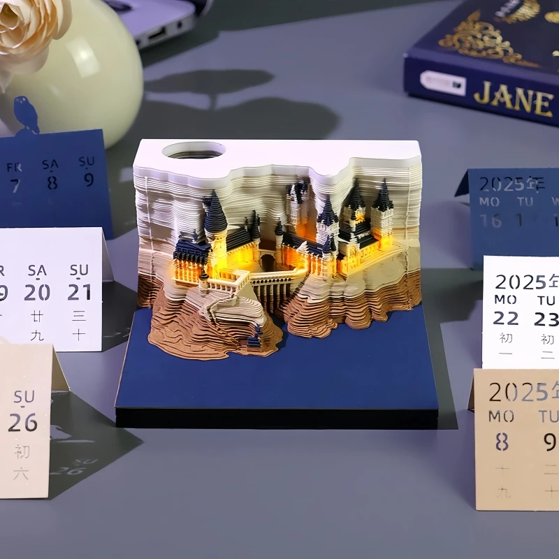 3D Castle Paper Sculpture Desk Calendar Magic Castle Memo Pad Tear-Away Notepad DIY Craft Gifts for Home Office School