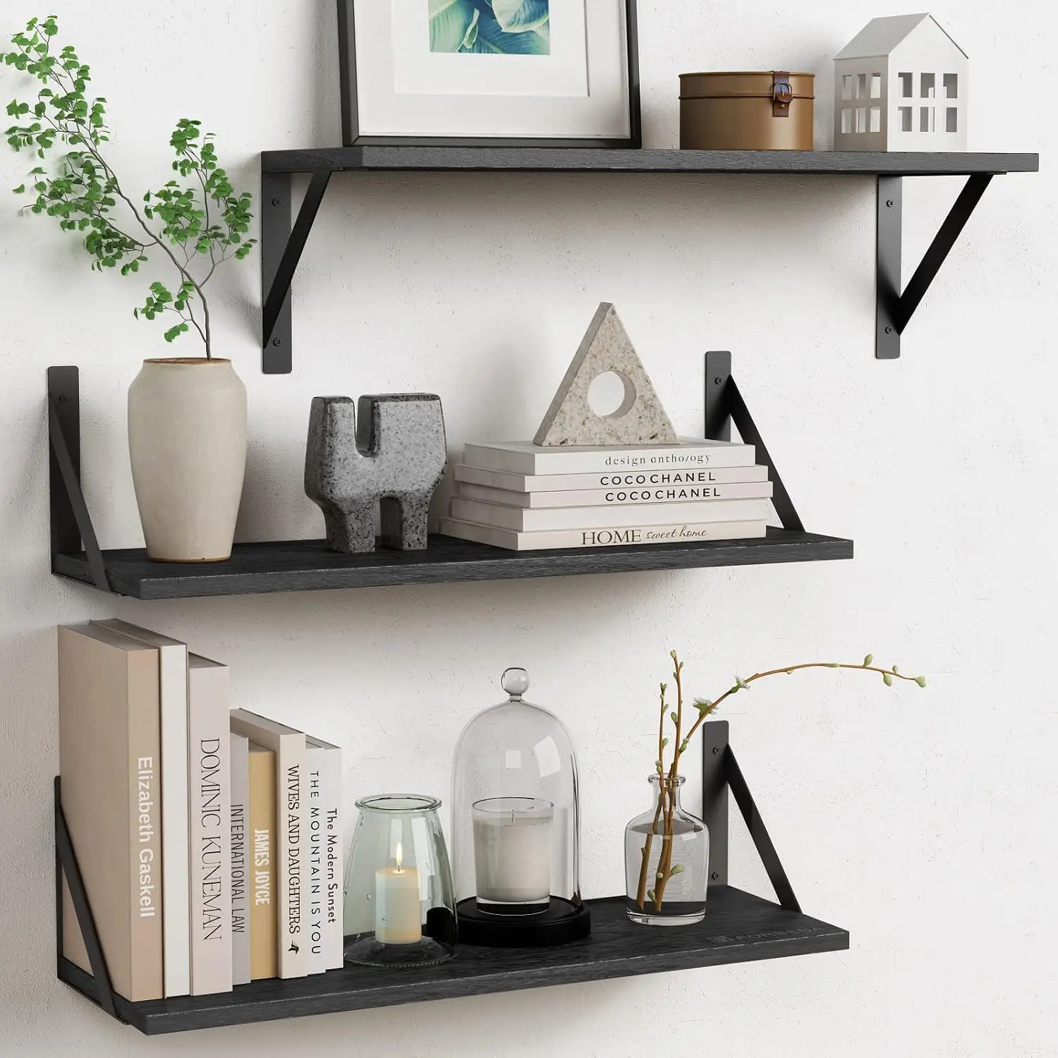 

Large Floating Shelves for Wall 24 Inch Long Set of 3, 8 in Deep Wall Bookshelf for Bedroom Living Room, Wooden Heavy D