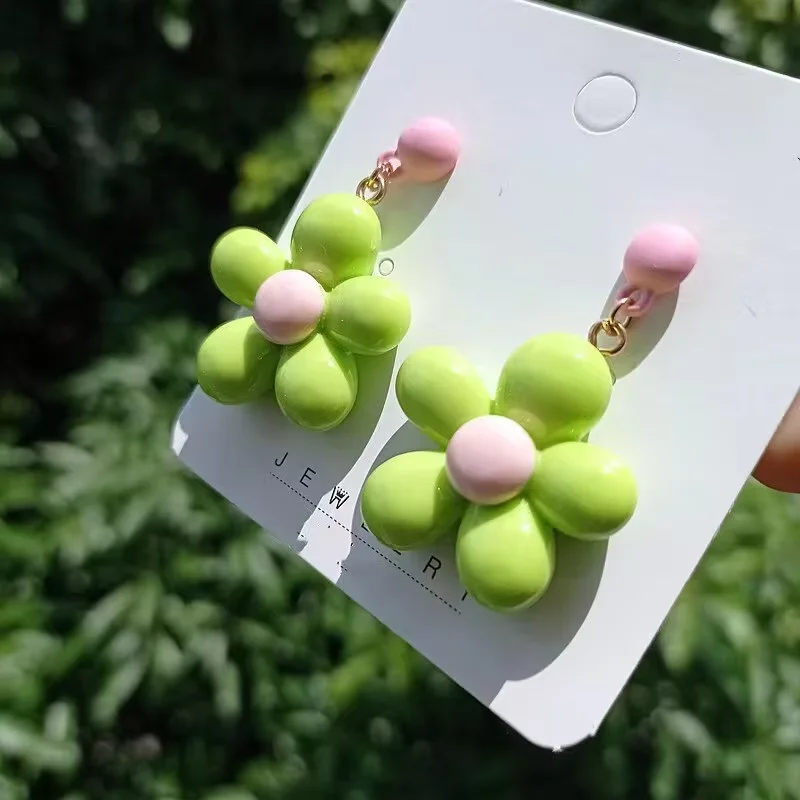 Dopamine Color Flower Shape Earrings For Women Acrylic Ins Style Cute Girls Drop Earrings Pink Green Jewelry Gift