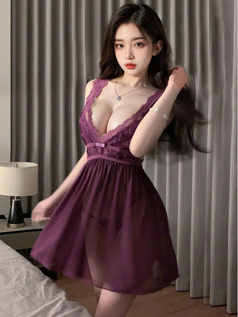

Fashion Women Sexy Underwear Women Sexy V Neck Perspective Soft Yarn Lace Suspender Slit Nightdress Set Dress Elegant QGY7