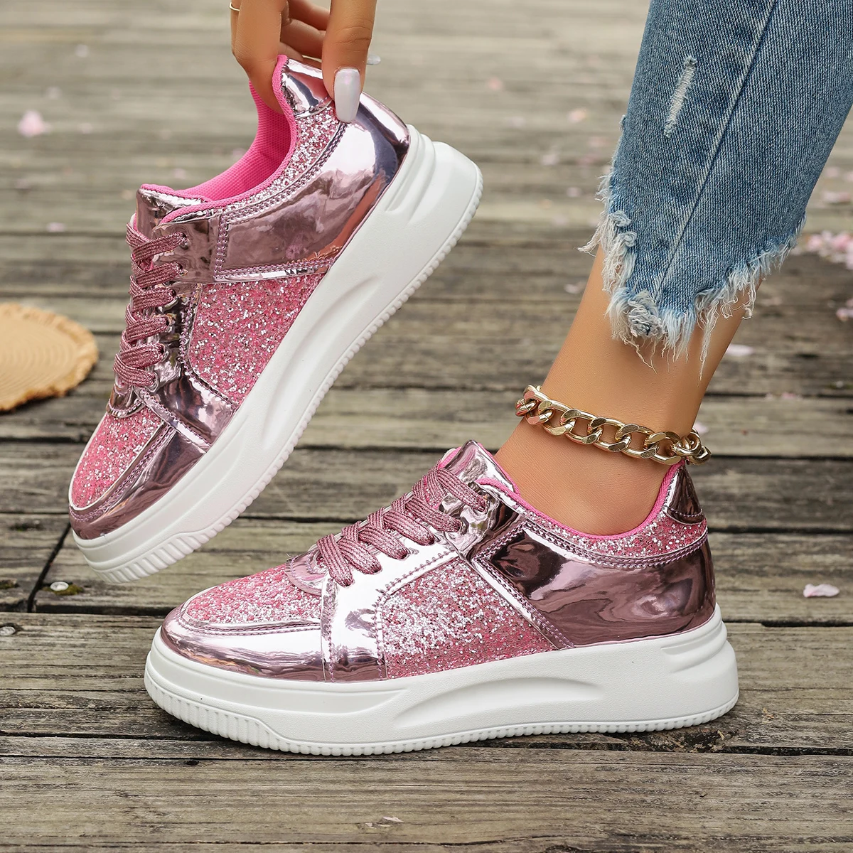 Casual Wedges Sneakers Comfortable Sequins Badminton Shoes Fashion Women\'s Vulcanize Shoes Running Fitness Walking