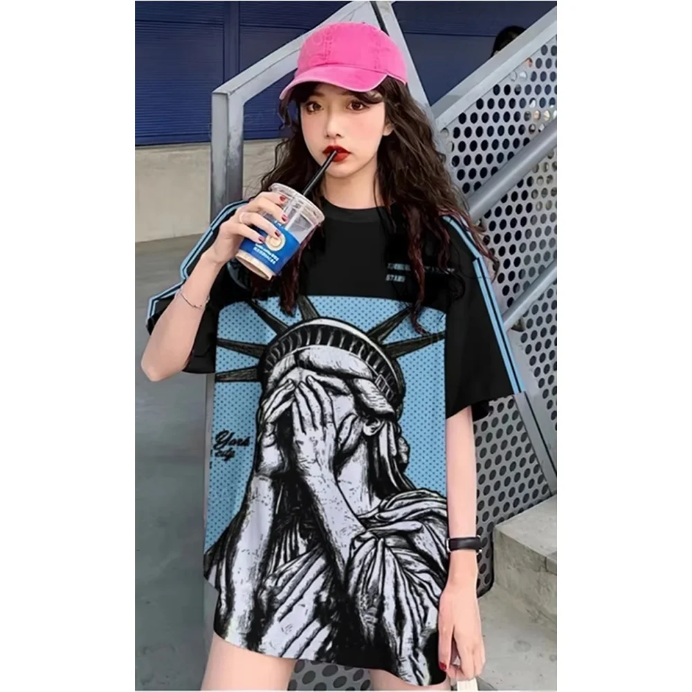 

Summer Women T-Shirt Statue of Liberty Print O-Neck Short Sleeve Tee Summer Graphic Baseball Jerseys Stripe Oversized Sport Tops