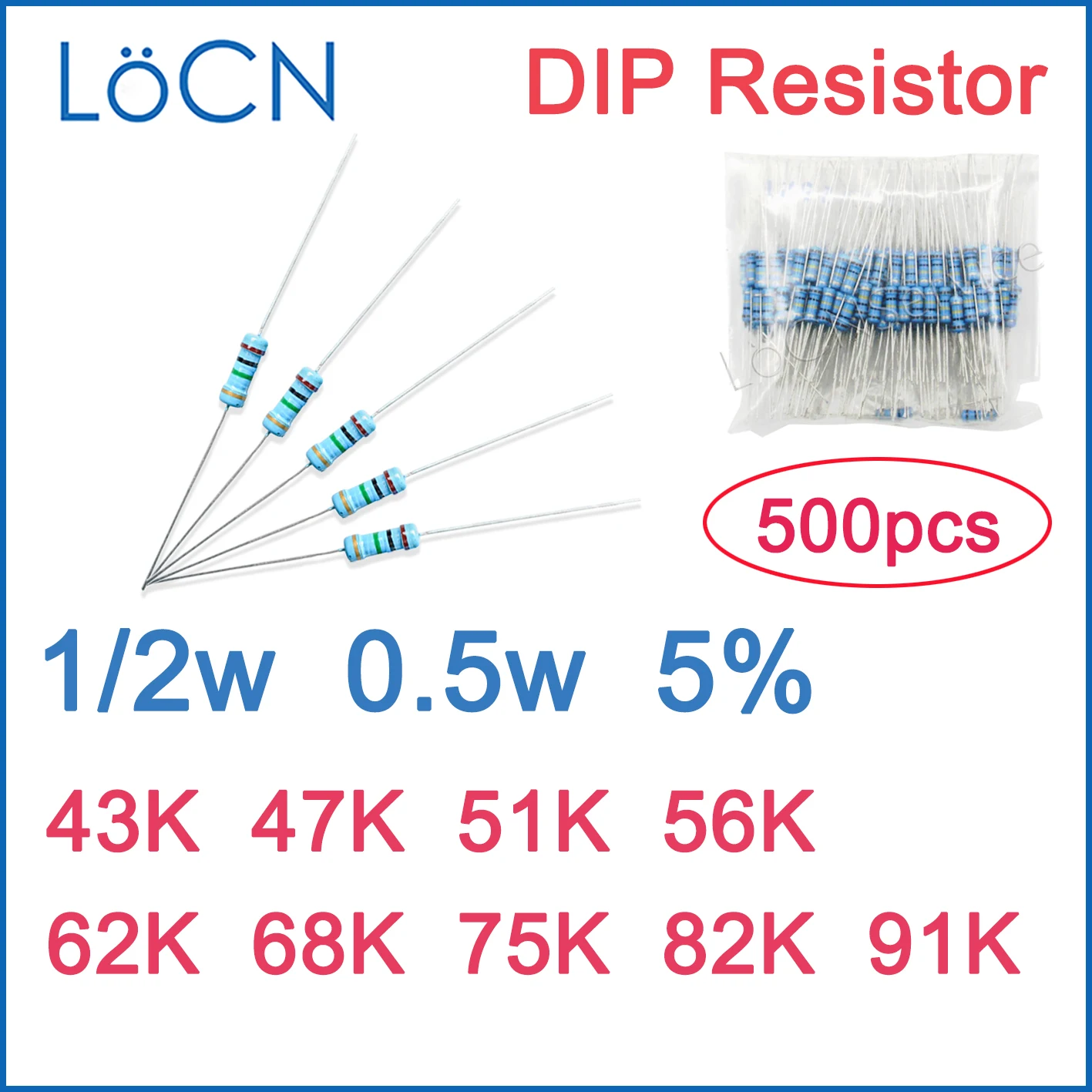 500 шт. 5% 1/2 Вт резистор из углеродной пленки DIP 43 К 47 К 51 К 56 К 62 К 68 К 75 К 82 К 91 К Ом Цветное кольцо 0,5 Вт