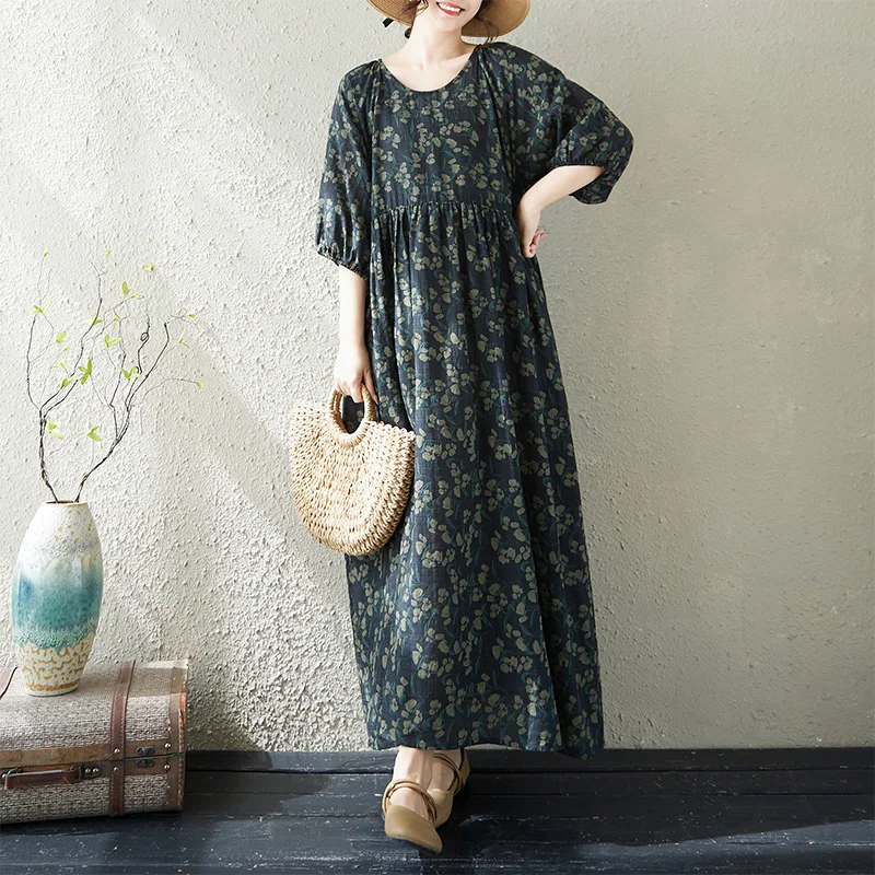 

Summer Artistic Style Loose Lantern Sleeve round Neck Dress Women's plus Size Cotton Blend Long Dress City Walk Suitable