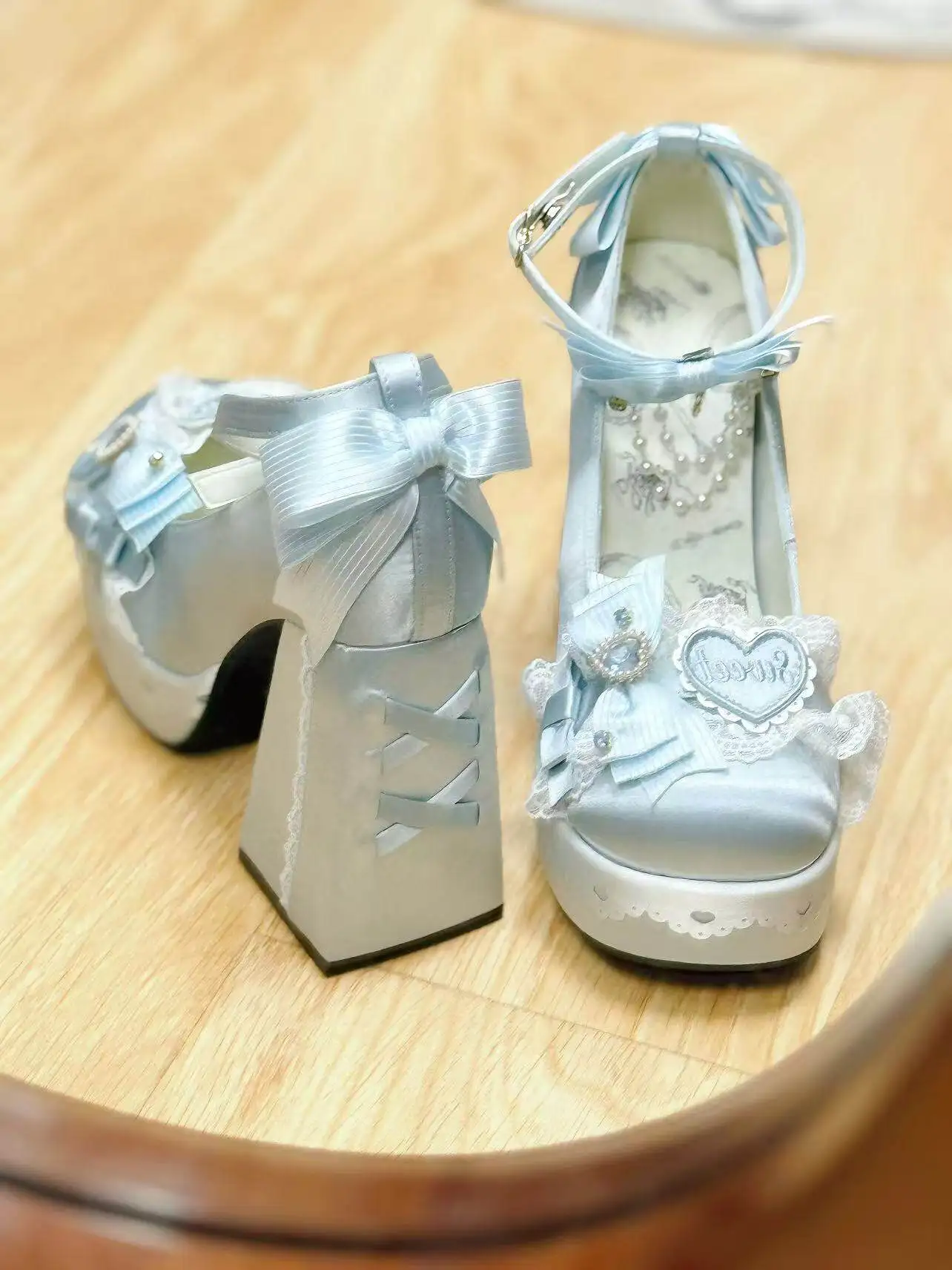 Japanese Sweet and Cute Lolita Bow Love Original Thick Heel Women Lo Shoes Waterproof Table Imported Ribbon High Heels Female