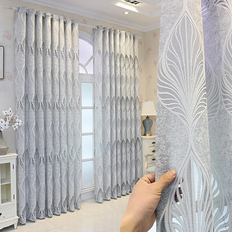 Grey White Luxury Jacquard Curtains for Bedroom Living Room Windows Sliding Glass Patio European Hollow Tulle Grommet Ring Top