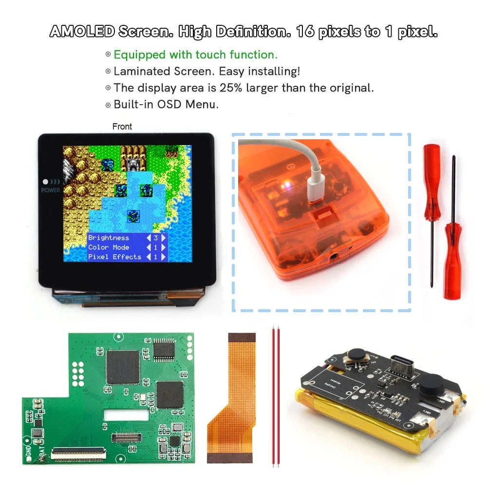 Tela oled recarregável tipo c, tela amoled laminada por toque, para gbc gameboy color com bateria de lítio pré-cortada