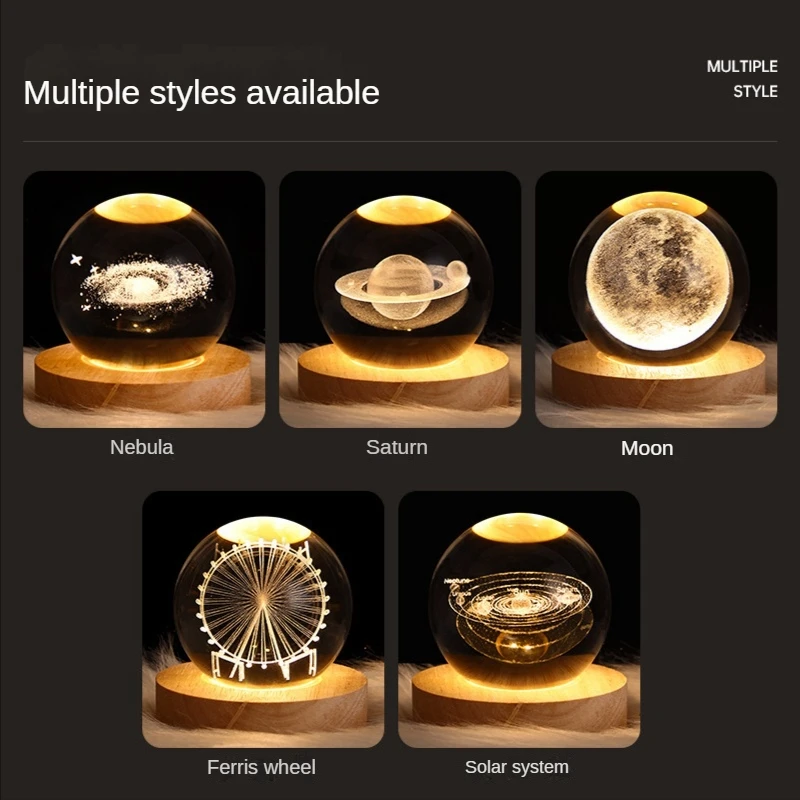 AC88-Crystal Ball Night Light With Base LED Table Lamp Lighted Stars Galaxy USB Power Warm Night Light For Kid