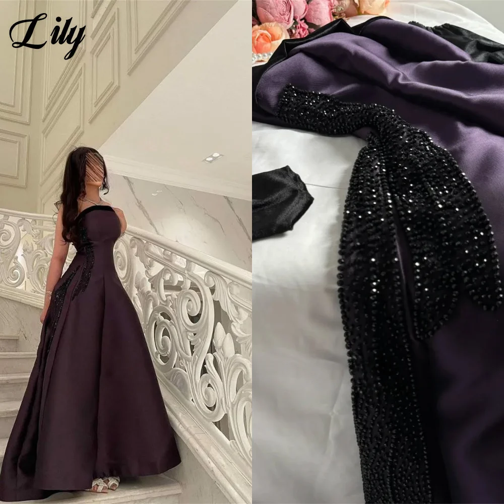 

Lily Dark Purple Formal Gown Satin Strapless Sleeveless Prom Dresses with Black Embellishments فساتين مناسبة رسمية Customized