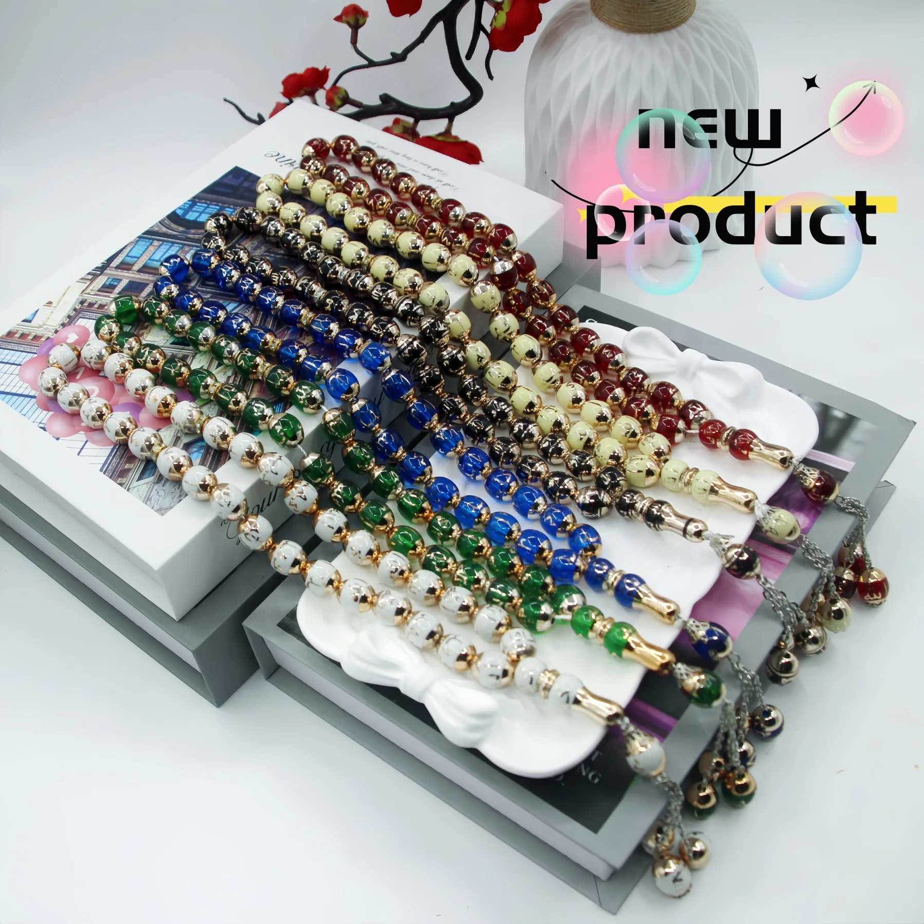 Resin laser engraved Arabic prayer beads, 12mm carved round beads, 33 pieces portable handheld decorative prayer beads