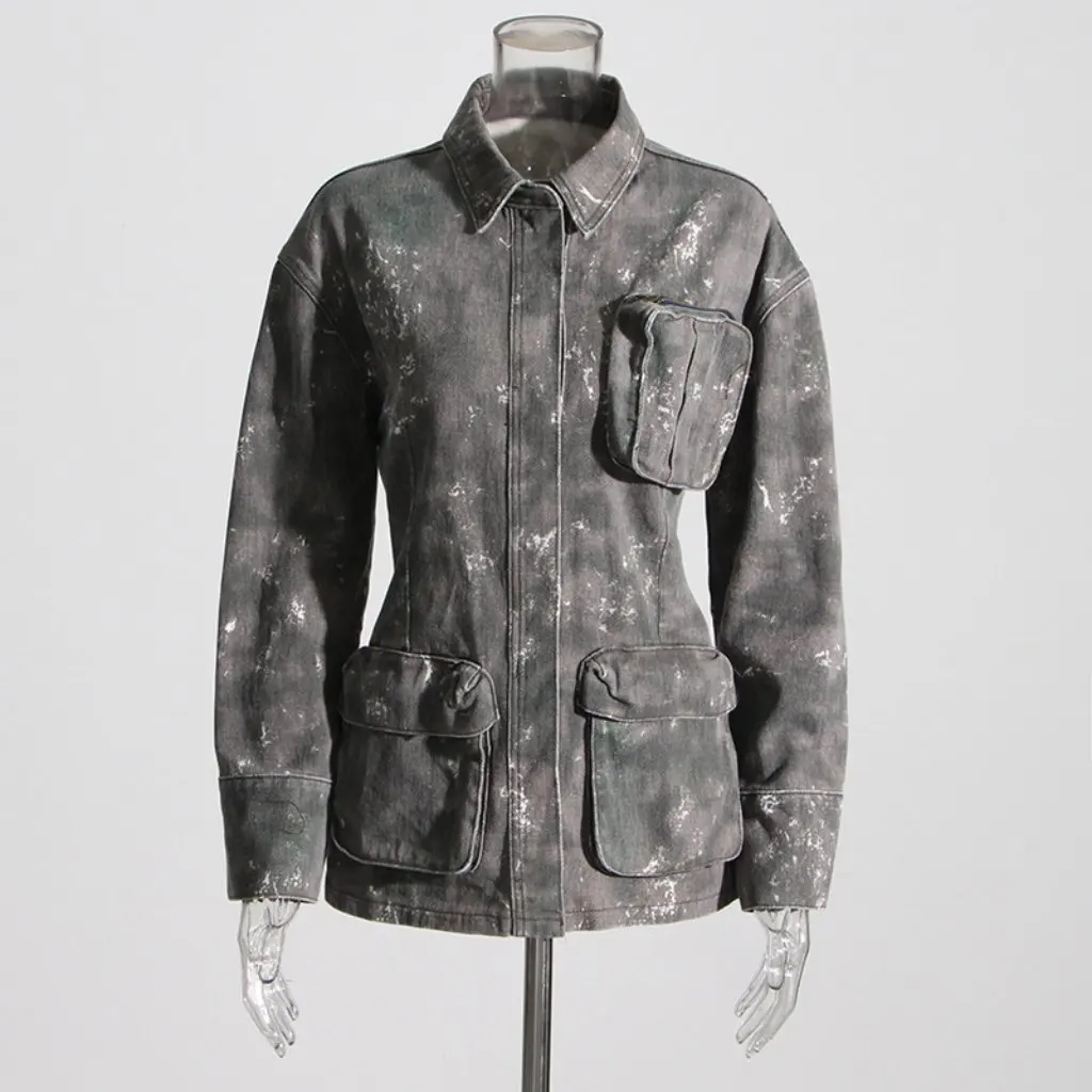 

Women's Camouflage Denim Jacket with Large Flap Pockets Lapel Waist Workwear Style by New Arrivals