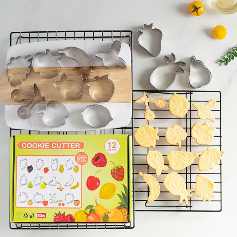 12pcs/set Fruit Cookie Cutters Set Steel Metal Biscuit Cutter Molds 3D Apple Banana Orange Peach Pear Shaped DIY Baking Supplies