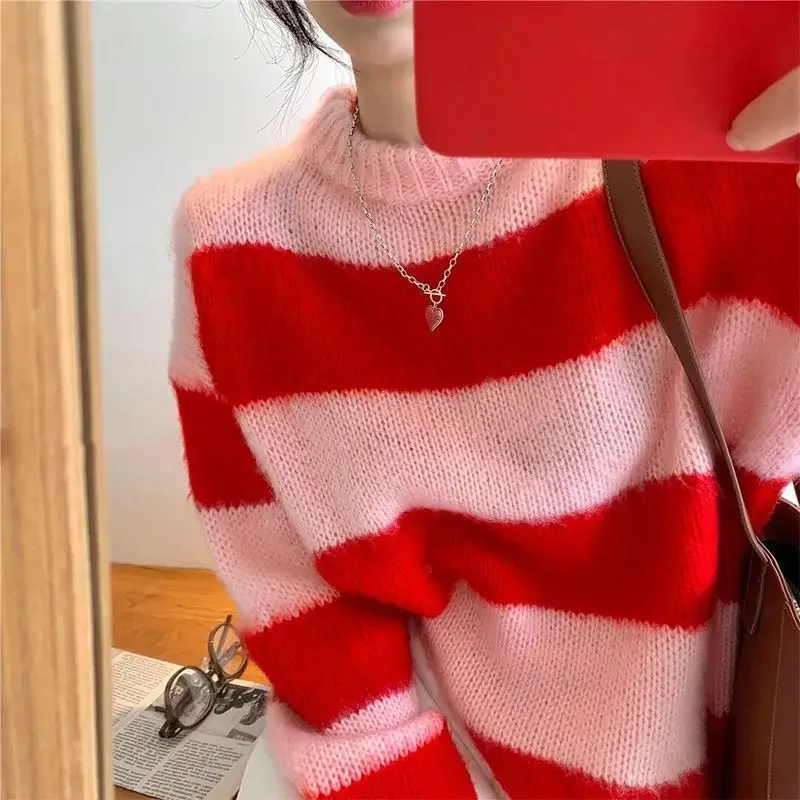 Candy Color Knitted Striped Sweater Women O Neck Long Sleeve Korean Sweet Pullover Jumpers Female Sueter Mujer Lazy Style