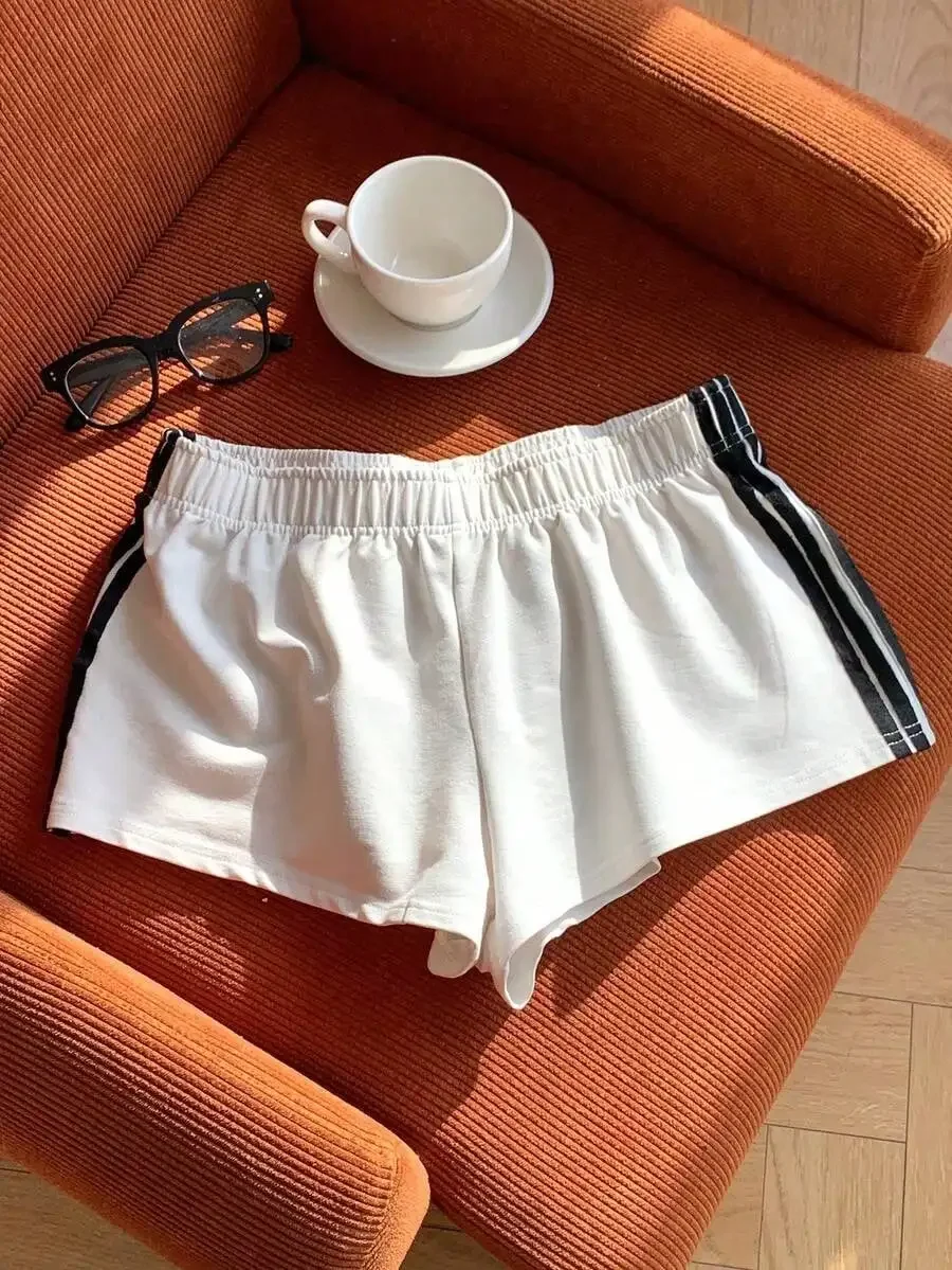 Shorts blancos de punto con rayas laterales para mujer | Pantalones Cortos Deportivos Casuales y Cómodos para el Verano | Shorts Deportivos de Cintura Alta para Mujer