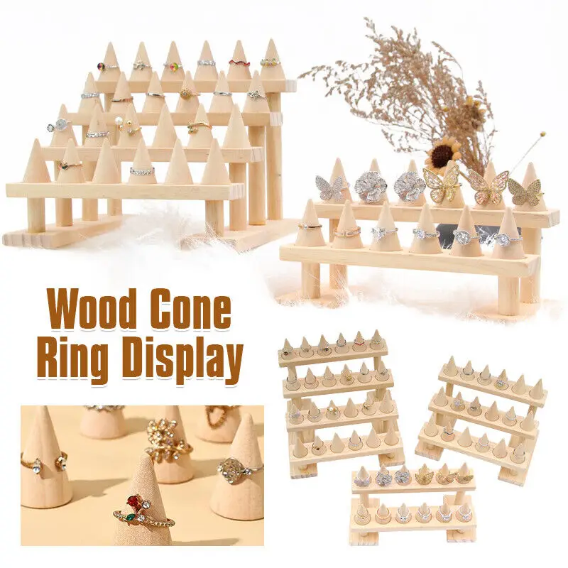 Wood Cone Ring Display Stand Finger Rings Holder Watch Bangle Storage Tray Jewelry Showcase Props Base Shop Decoration