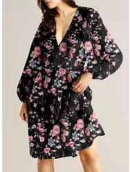 2025 Spring Fashion Dresses For Women Sexy Party Flower Print Long Sleeve New In Mini Dress Loose Elegant Casual Outfit Vestdios