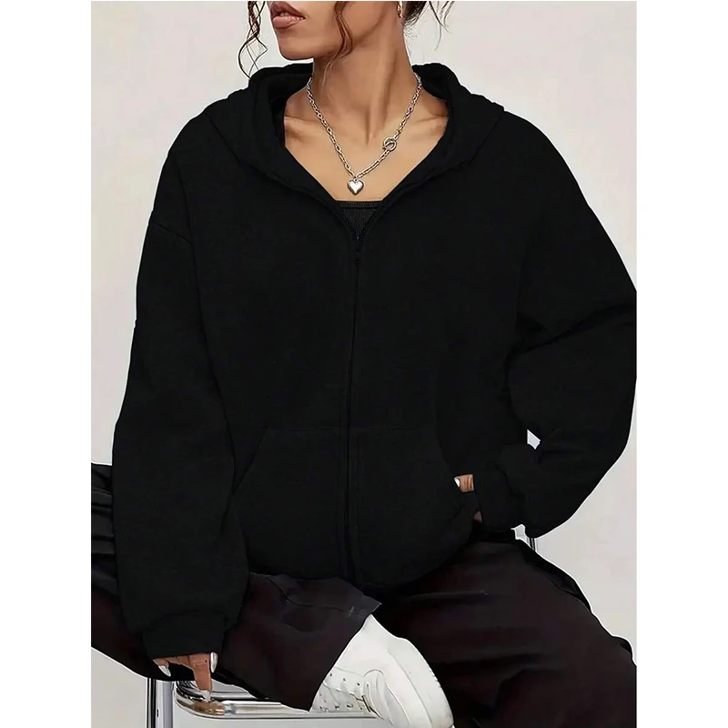 Unisex Larg Sleeve Zip Up Hoodies Damen Regular Solid Color Black Zipper Sweatshirts Autunm Winter Hoody Streetwear Kleidung