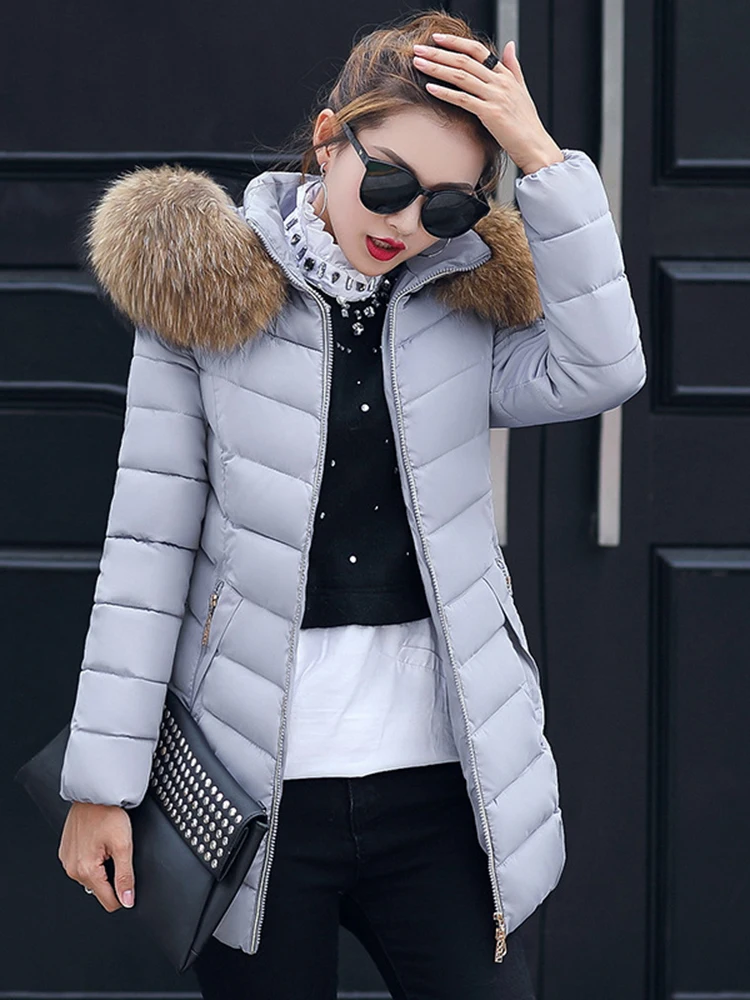 Autumn Female Middle Length Jacket Coat Women Fake Fur Collar Parkas Woman Slim Cotton Padded Jacket S-3XL Winter Jacket