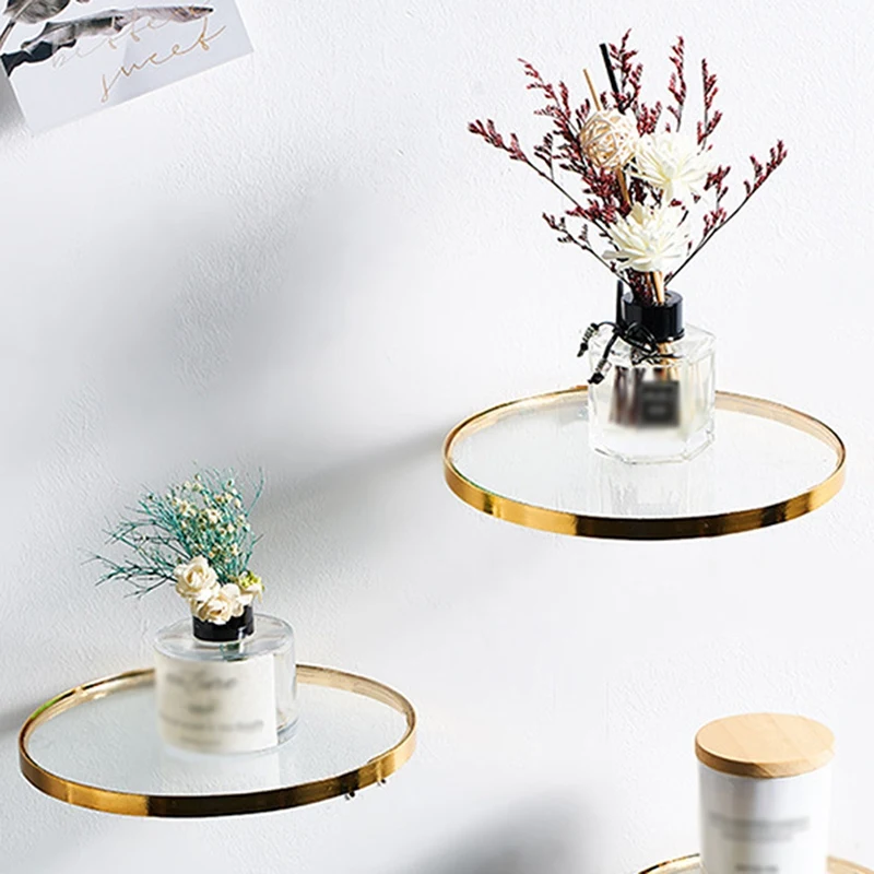 Round Wall Hanging Iron & Glass Crafts Gold Shelf Light Luxury Ornaments Modern Style Home Decor Accessories Wall Holders Decor