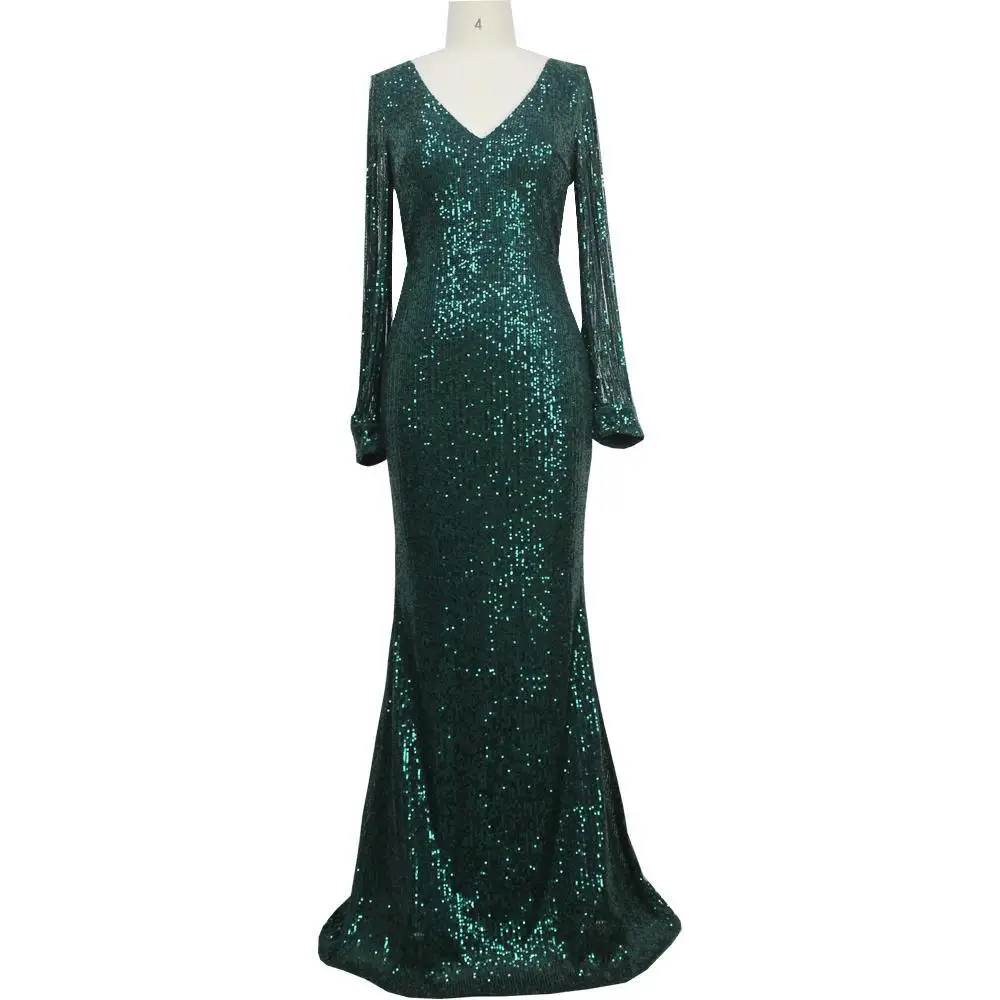 

Autumn and winter new long-sleeved women's clothing fringed long-sleeved sequined fishtail evening dress women's party sexy temp