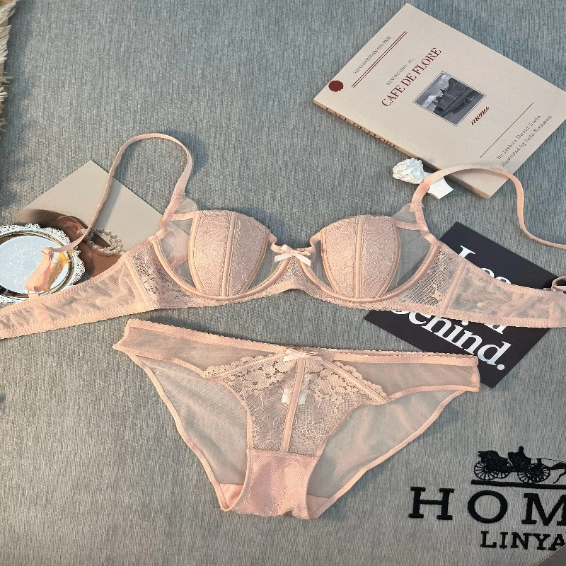 Ensemble Lingerie Dentelle Française Brodée Bonnets Oreille De Lapin Fil Doux Push Up Respirable Amincissant Confort Élégant