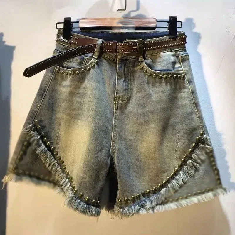 Harajuku Y2k Shorts For Women Pantalones Cortos De Mujer Casual Fashion Summer Denim Shorts Heavy Beading Sequin Wide Leg Pants