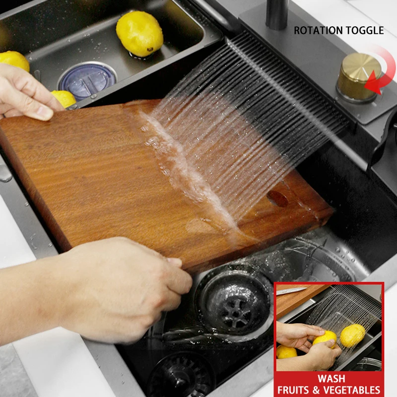 Kichen Sink Waterfall Faucet Nano Sink 304 Stainless Steel Topmount Single Bowl Wash Basin with Chopping Board Drain Accessories