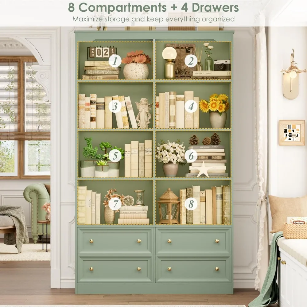 Zielony regał dwukomorowy o wysokości 180 cm, 6 półek i 4 szuflady, duży regał z otwartymi przegródkami na książki i inne rzeczy.