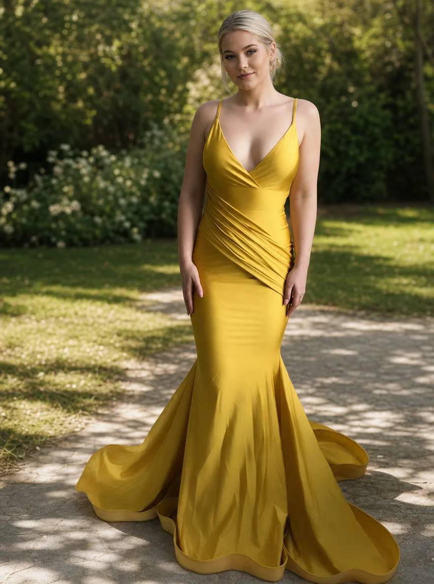 

Simple Fashion Quinceanera Prom Dresses Lmitation Satin Deep V-Neck Open Back Trumpet Mermaid Style Court Train