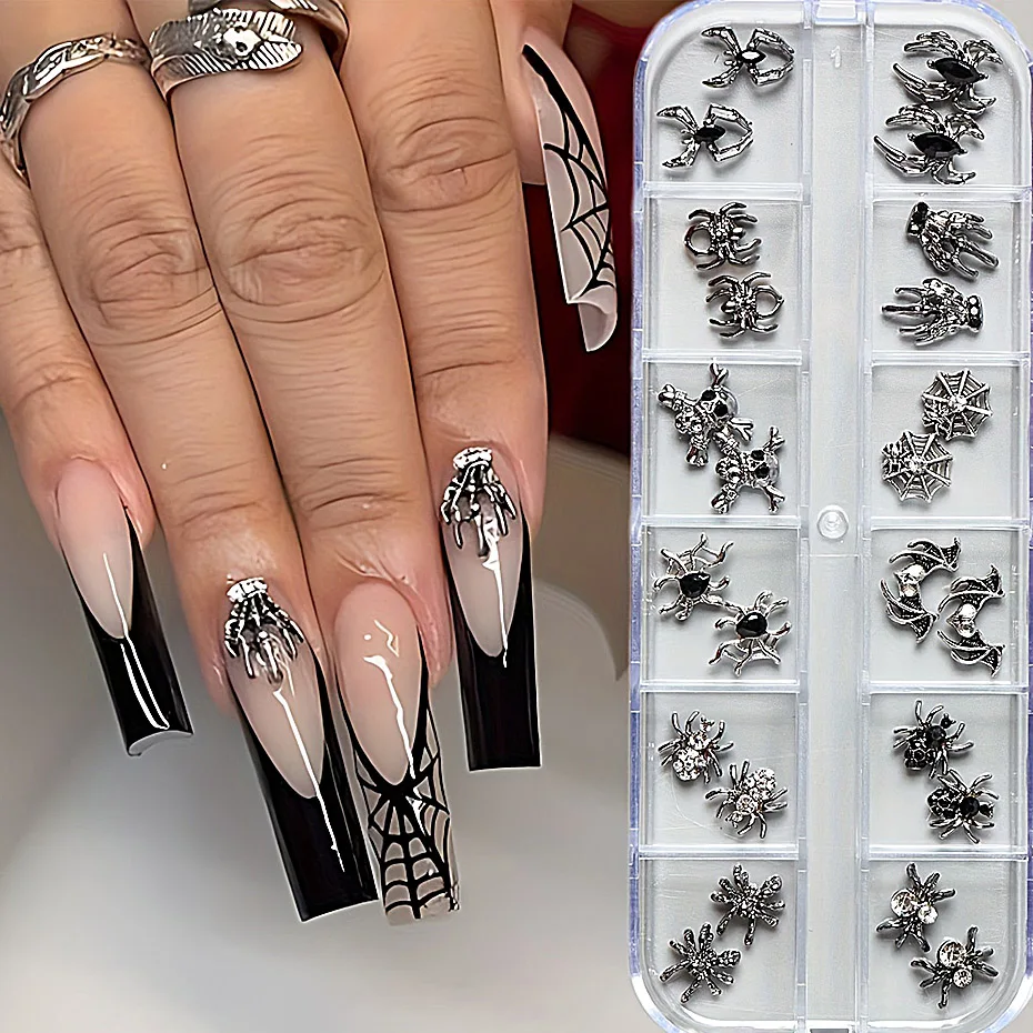 Halloween Spider Plated Red Rhinestone Metal Heart Bat Ghost Hand Claw Skull Alloy 3D Nail Art Decoration Mixed DIY Nail Supplie